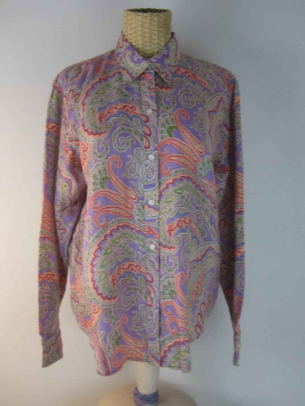 Ralph Lauren Women PL Purple Paisley 100%  Linen Button LS Blouse Shirt Petite L